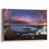 Framed canvas of Crater Lake landscape art painting in vibrant blue and green tones, ideal for living room decor.