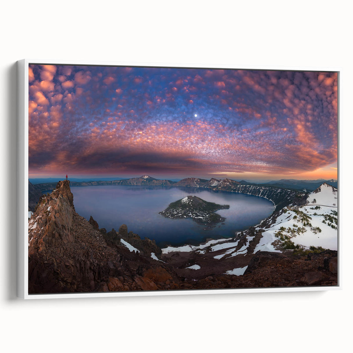 Vintage poster art of Crater Lake, Oregon, on framed canvas with vivid blue tones, ideal for living room decor.