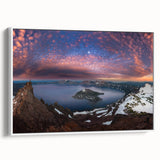 Vintage poster art of Crater Lake, Oregon, on framed canvas with vivid blue tones, ideal for living room decor.
