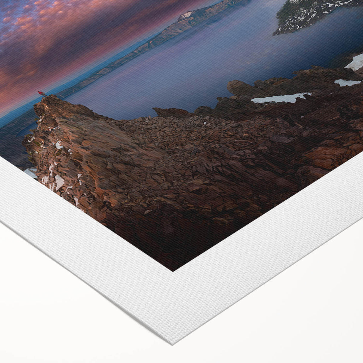 Art deco poster of Crater Lake, Oregon, in muted blues and greens on rolled canvas, suitable for dining room wall art.