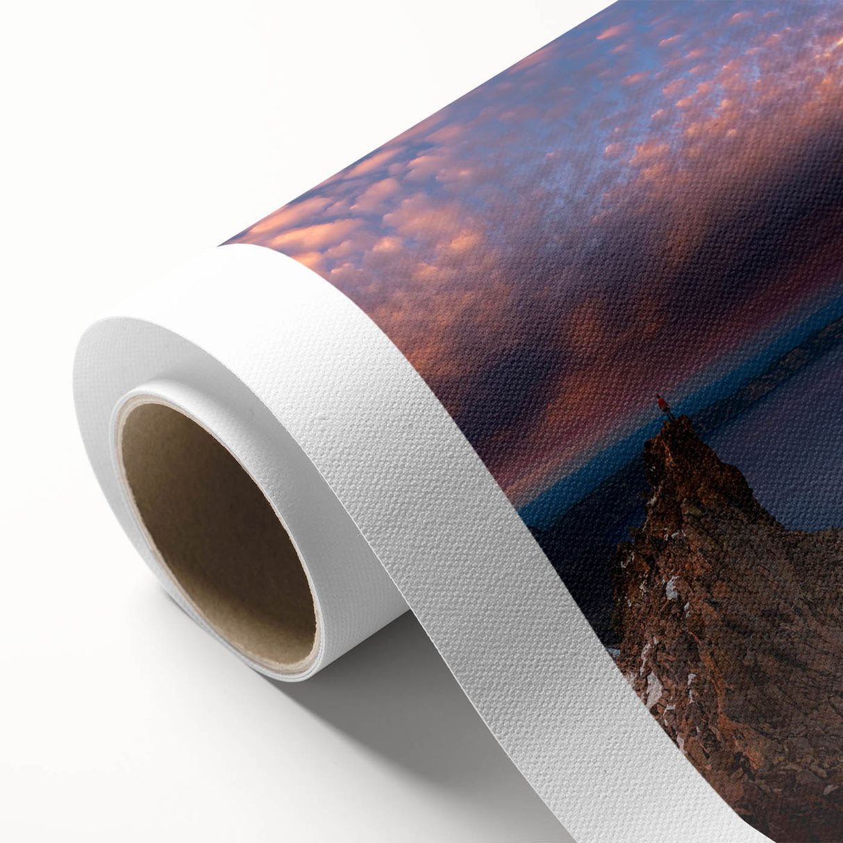 Art deco poster of Crater Lake, Oregon, in muted blue and green tones on rolled canvas, ideal for nursery wall art.