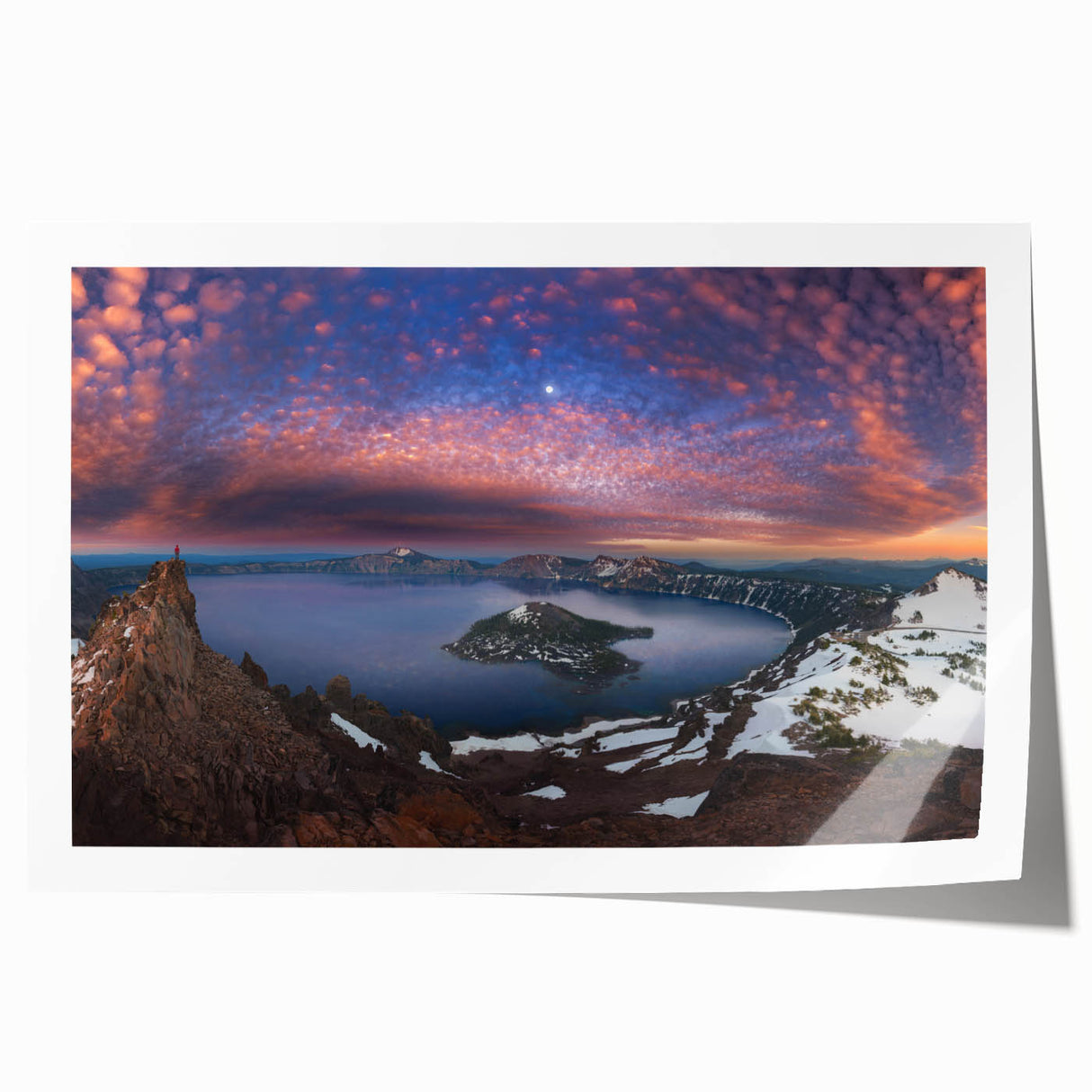 Crater Lake in Oregon depicted in vibrant blue tones on a large rolled canvas, ideal for art wall dining room.