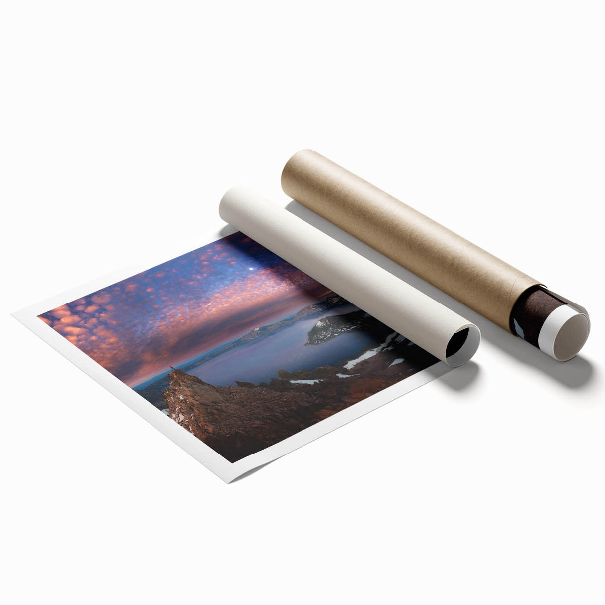 Crater Lake landscape on rolled print, featuring serene blue tones, ideal for classy bathroom wall art.