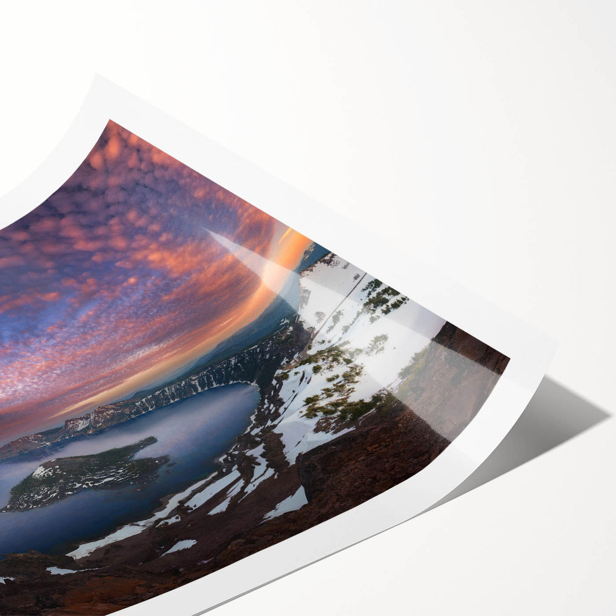 Extra large wall art featuring Crater Lake, Oregon, in vibrant blue tones on a rolled canvas.