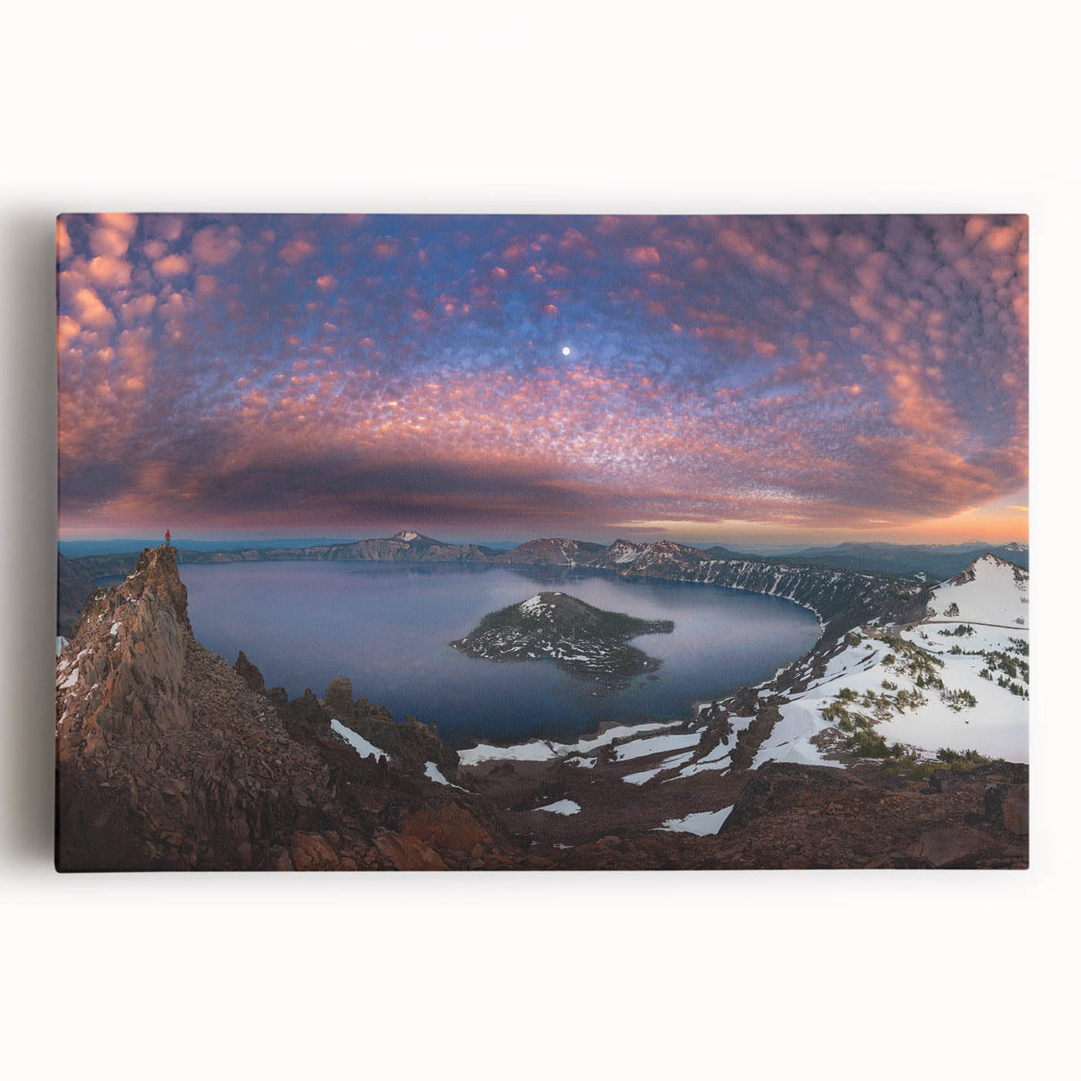 Black and white photograph of Crater Lake, Oregon on stretched canvas, ideal for kitchen wall art.