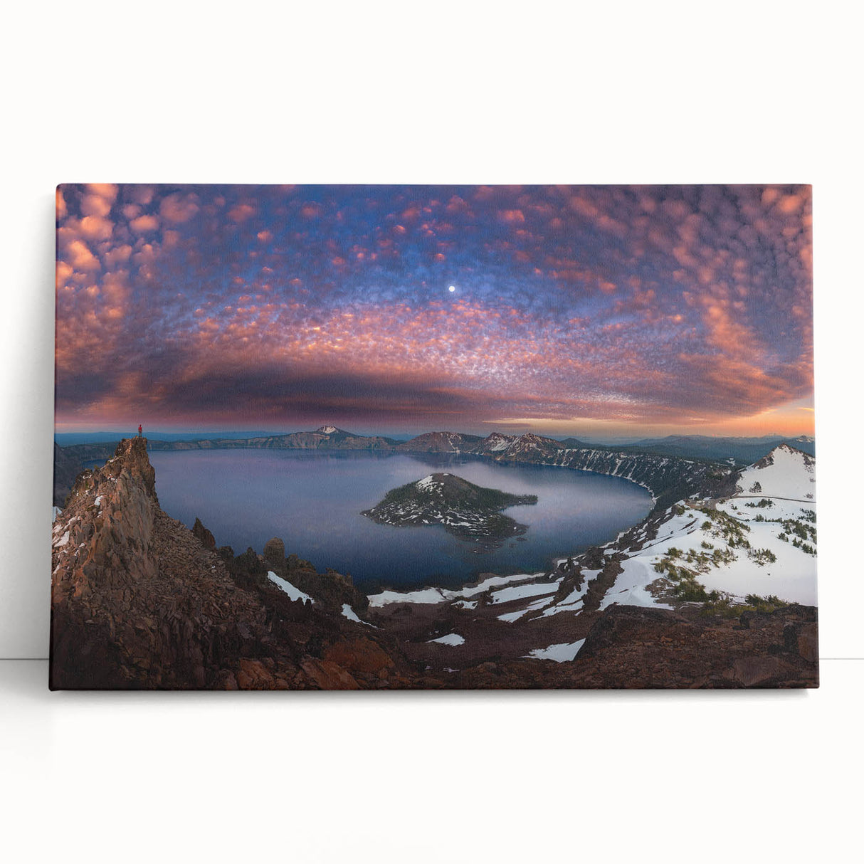 Black and white photograph of Crater Lake, Oregon on stretched canvas, suitable as large kitchen wall art or bedroom decor.