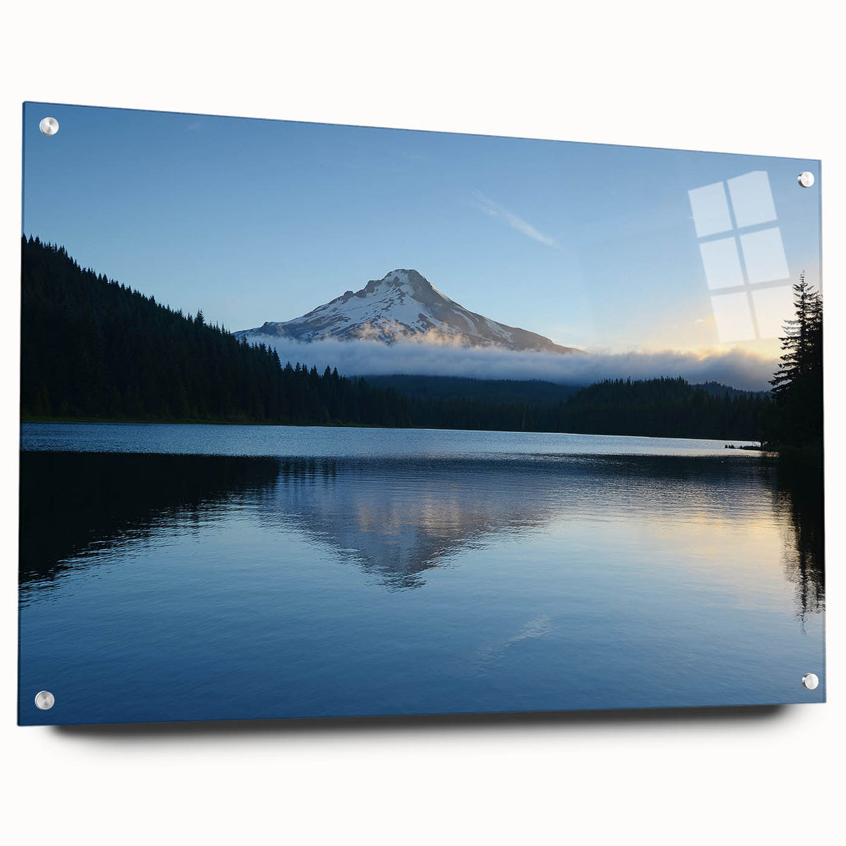 Acrylic print of Mount Hood, Oregon with vivid blue and green hues, ideal for dining room decor.
