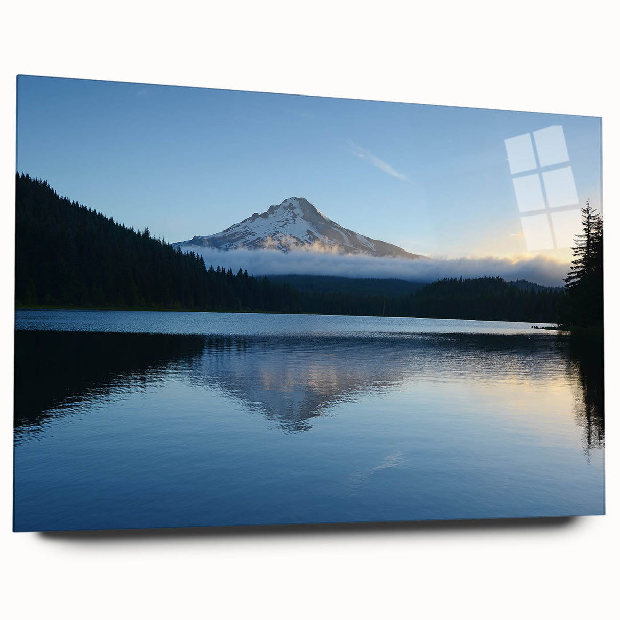 Acrylic print of Mount Hood in Oregon, featuring muted blue and green tones, suitable for bedroom or dining room art.