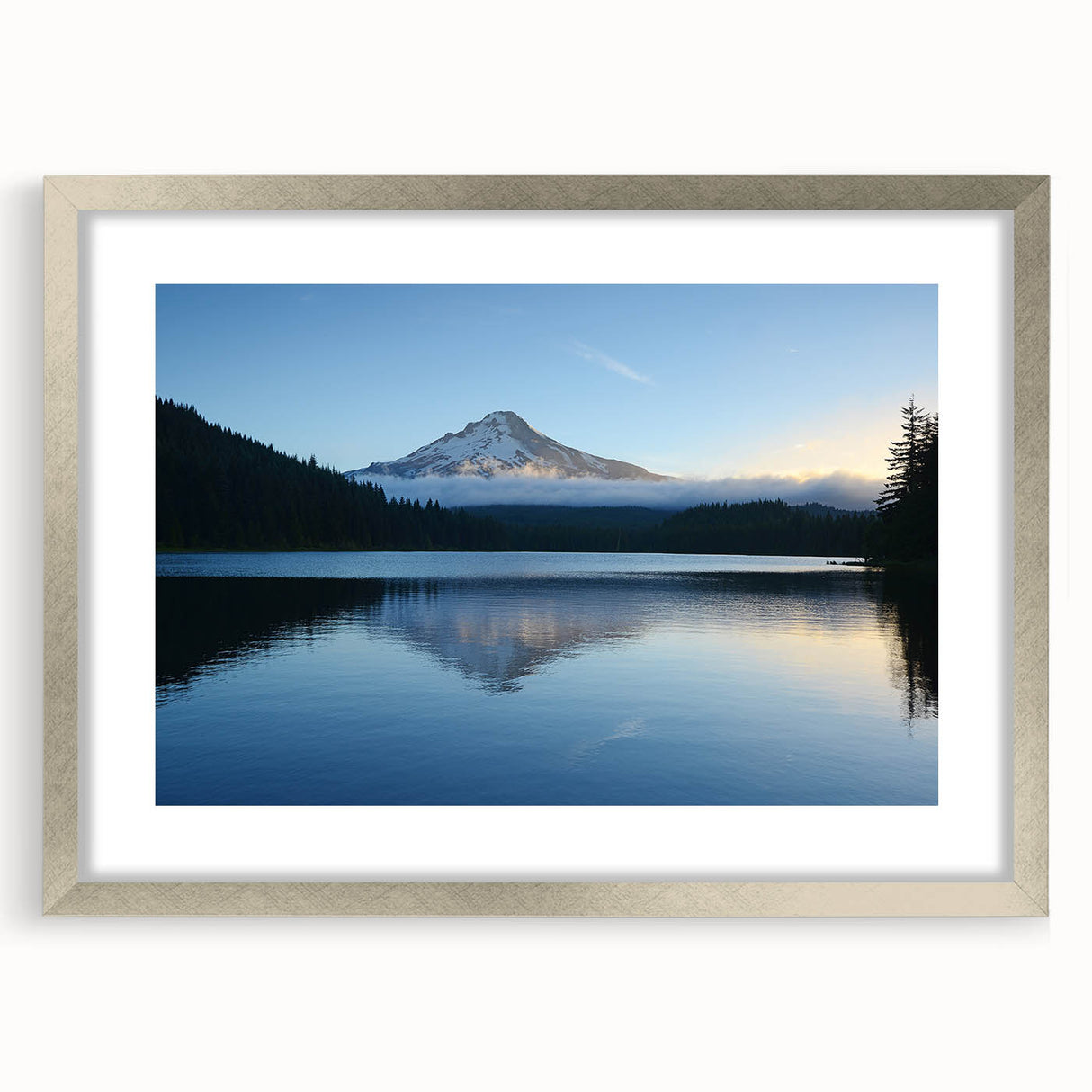 Textured art depicting Mount Hood in Oregon with abstract style and muted earth tones on a framed silver mat.