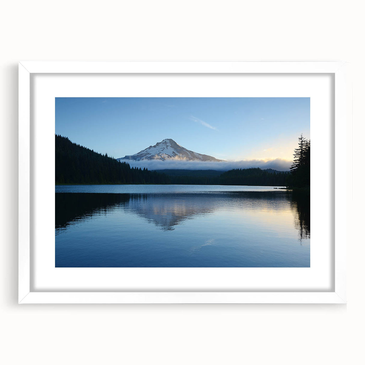 Abstract art print of Mount Hood in muted gray and blue tones on a framed white canvas, ideal for dining room decor.