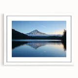 Abstract art print of Mount Hood in muted gray and blue tones on a framed white canvas, ideal for dining room decor.