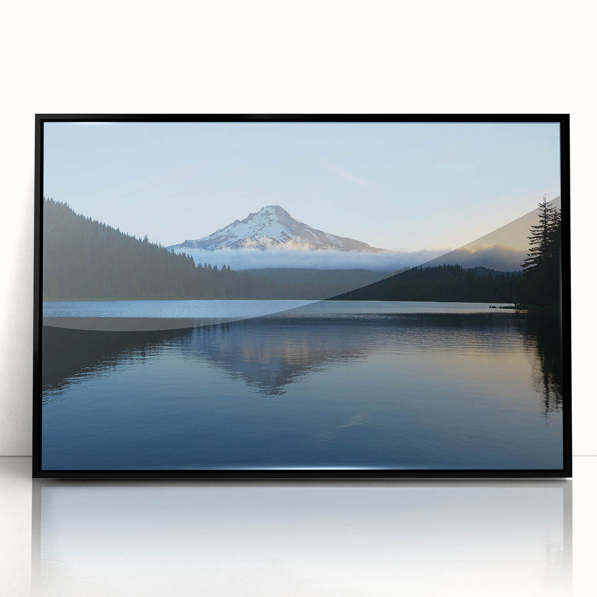 Large abstract wall art depicting Mount Hood in Oregon, featuring muted earth tones on a black framed acrylic.