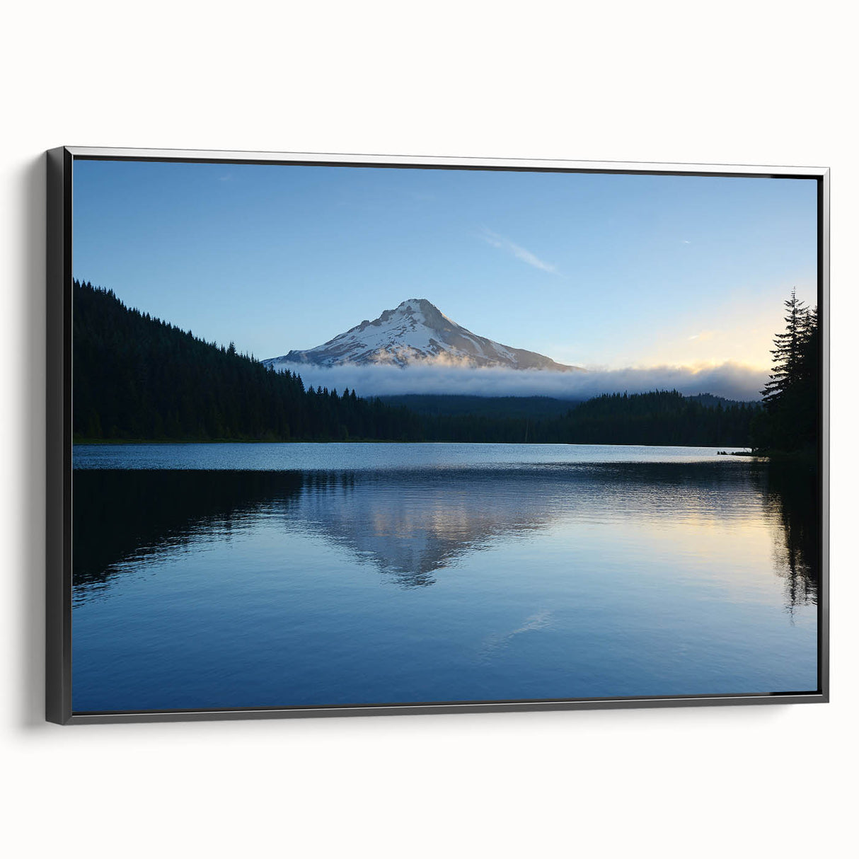 Black and white framed canvas of Mount Hood, Oregon in a vintage poster style, suitable for bedroom wall decor.