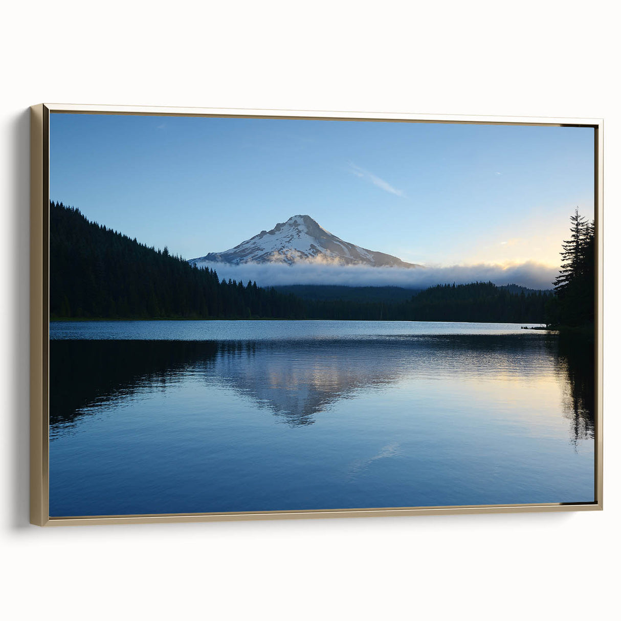 Framed canvas wall art of Mount Hood in Oregon with muted earth tones, fitting for bedroom decor.