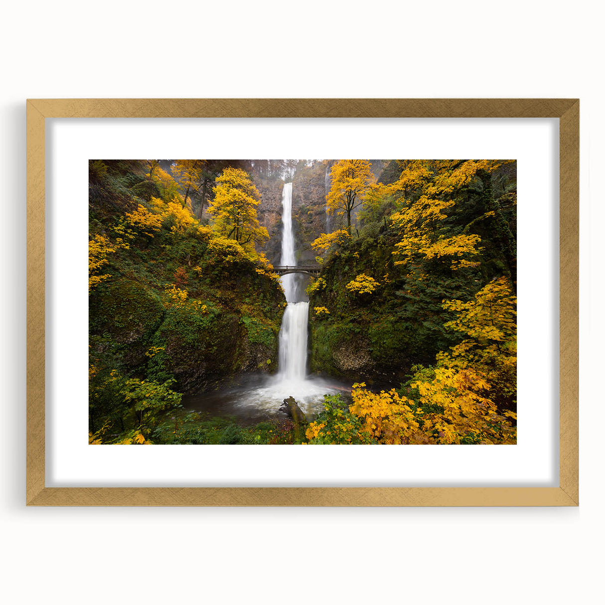 Extra large framed wall art of Multnomah Falls in Oregon, featuring textured water details and greenery.