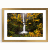 Extra large framed wall art of Multnomah Falls in Oregon, featuring textured water details and greenery.