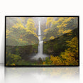Large abstract wall art depicting Multnomah Falls in Oregon, framed in black acrylic, suitable for modern living room decor.