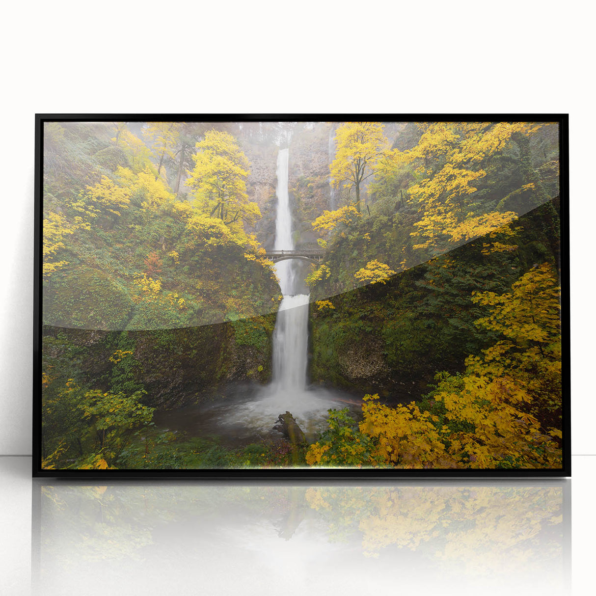 Large abstract wall art depicting Multnomah Falls in Oregon, framed in black acrylic, suitable for modern living room decor.