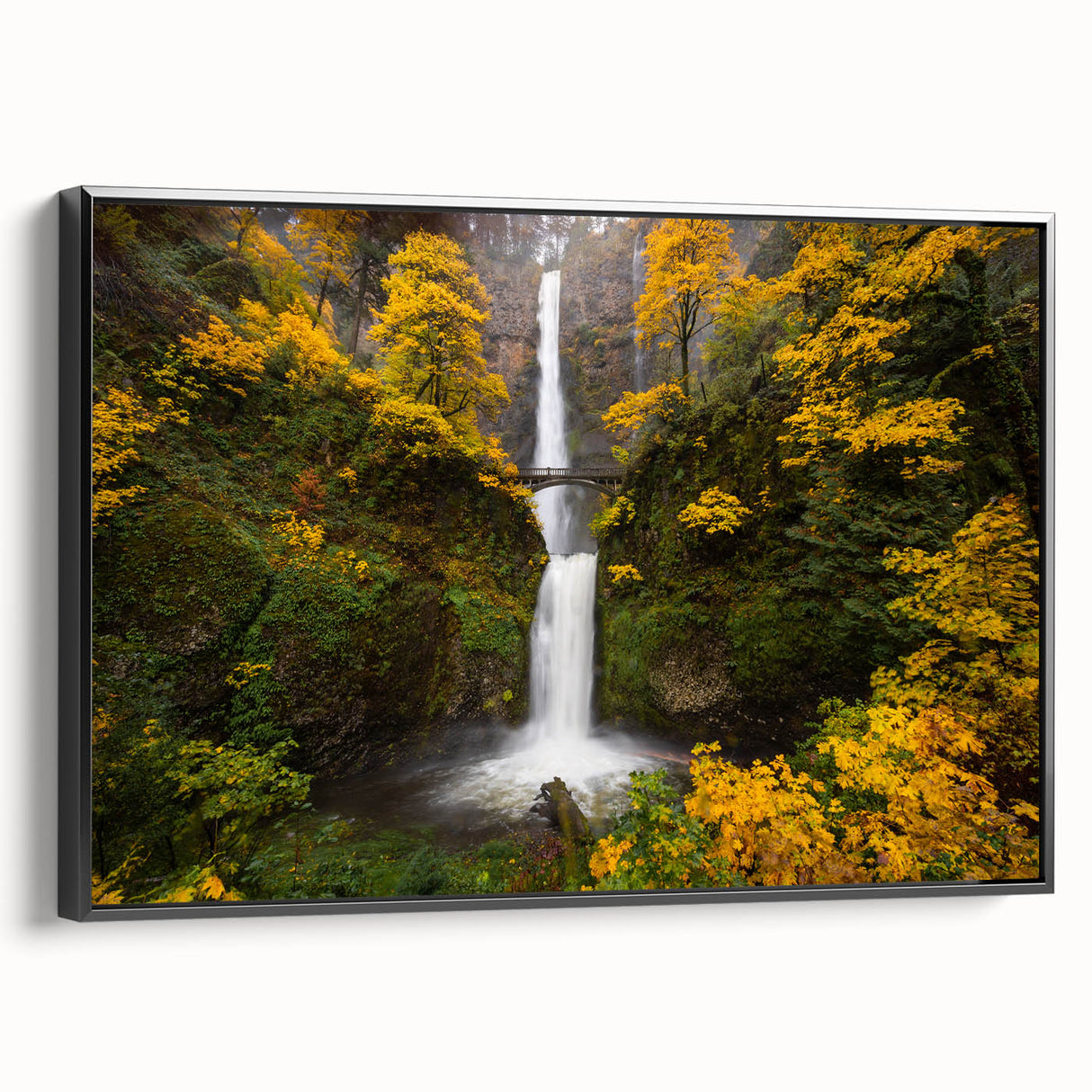 Black and white framed canvas of Multnomah Falls in Oregon, ideal for bedroom wall decor.