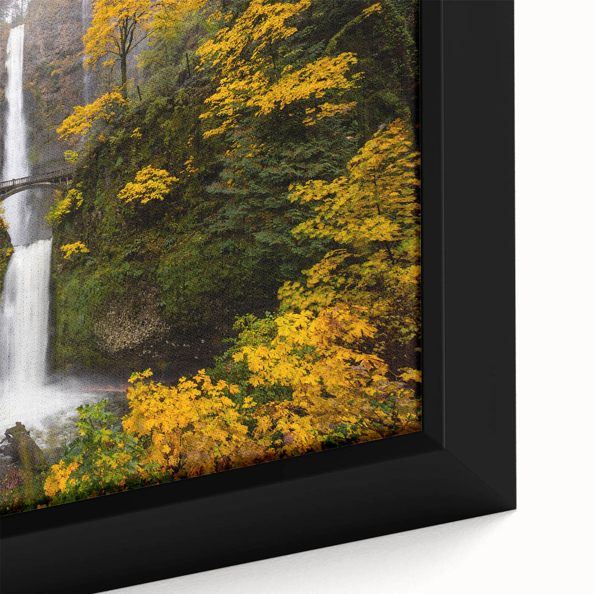 Extra large framed canvas featuring a close-up of Multnomah Falls in Oregon, with vibrant green and blue tones.