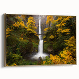 Framed canvas depicting Multnomah Falls in Oregon with lush greenery, ideal for bedroom wall art.