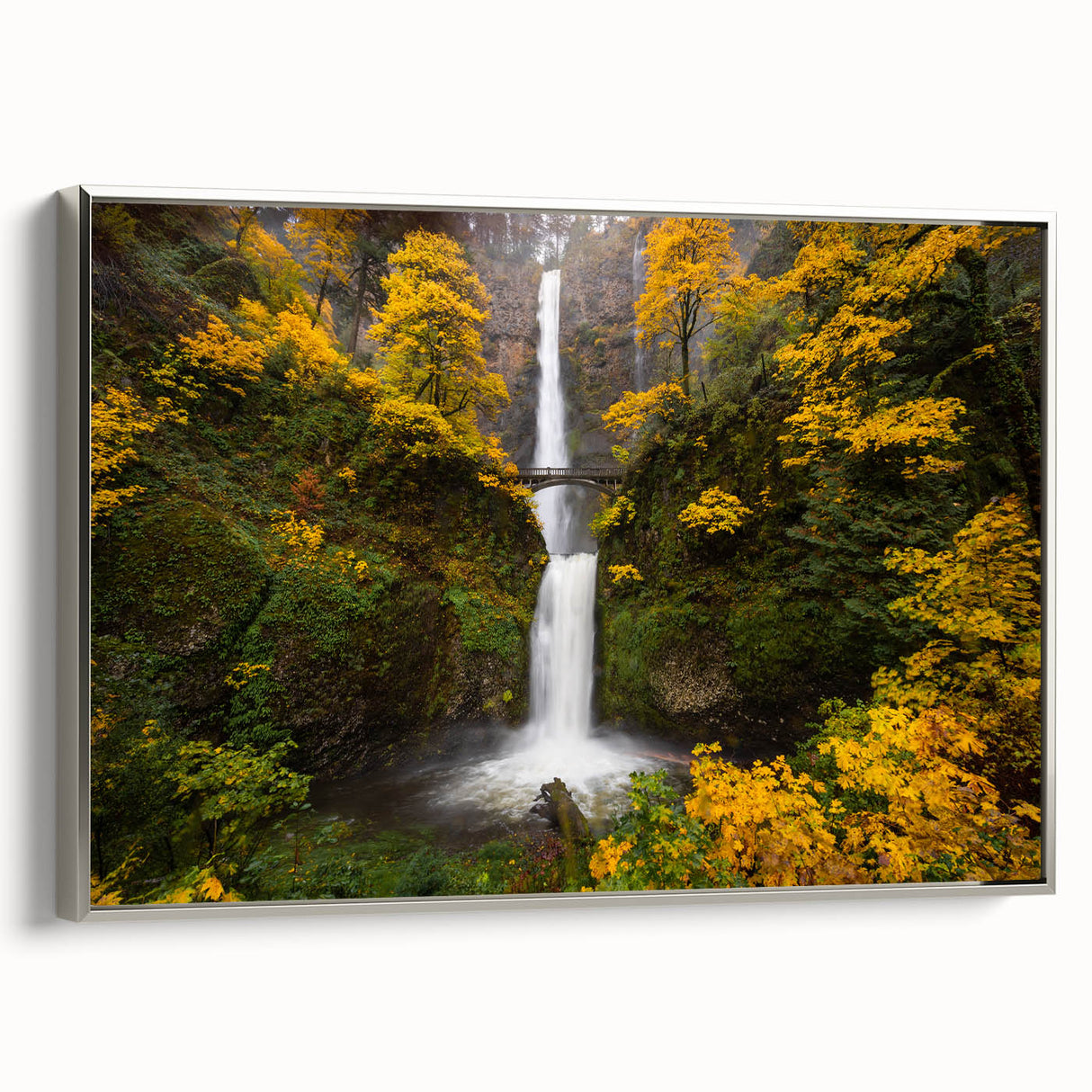 Landscape art painting of Multnomah Falls in Oregon, featuring vibrant green and blue tones on a framed canvas.