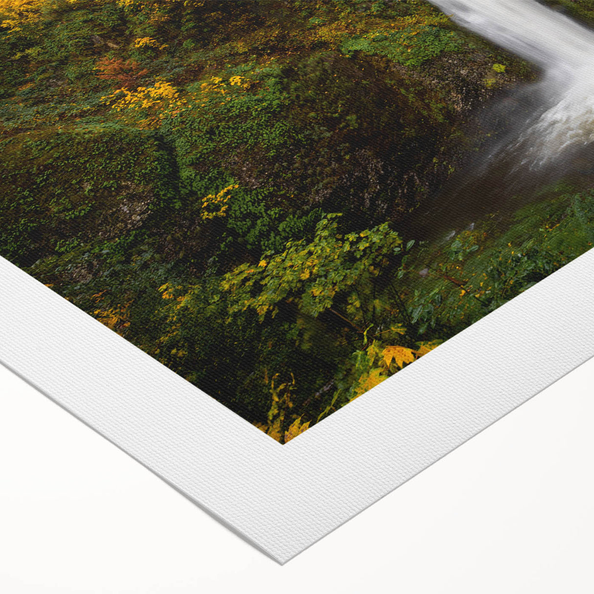 Art deco poster of Multnomah Falls in Oregon featuring cool green and blue tones on rolled canvas.