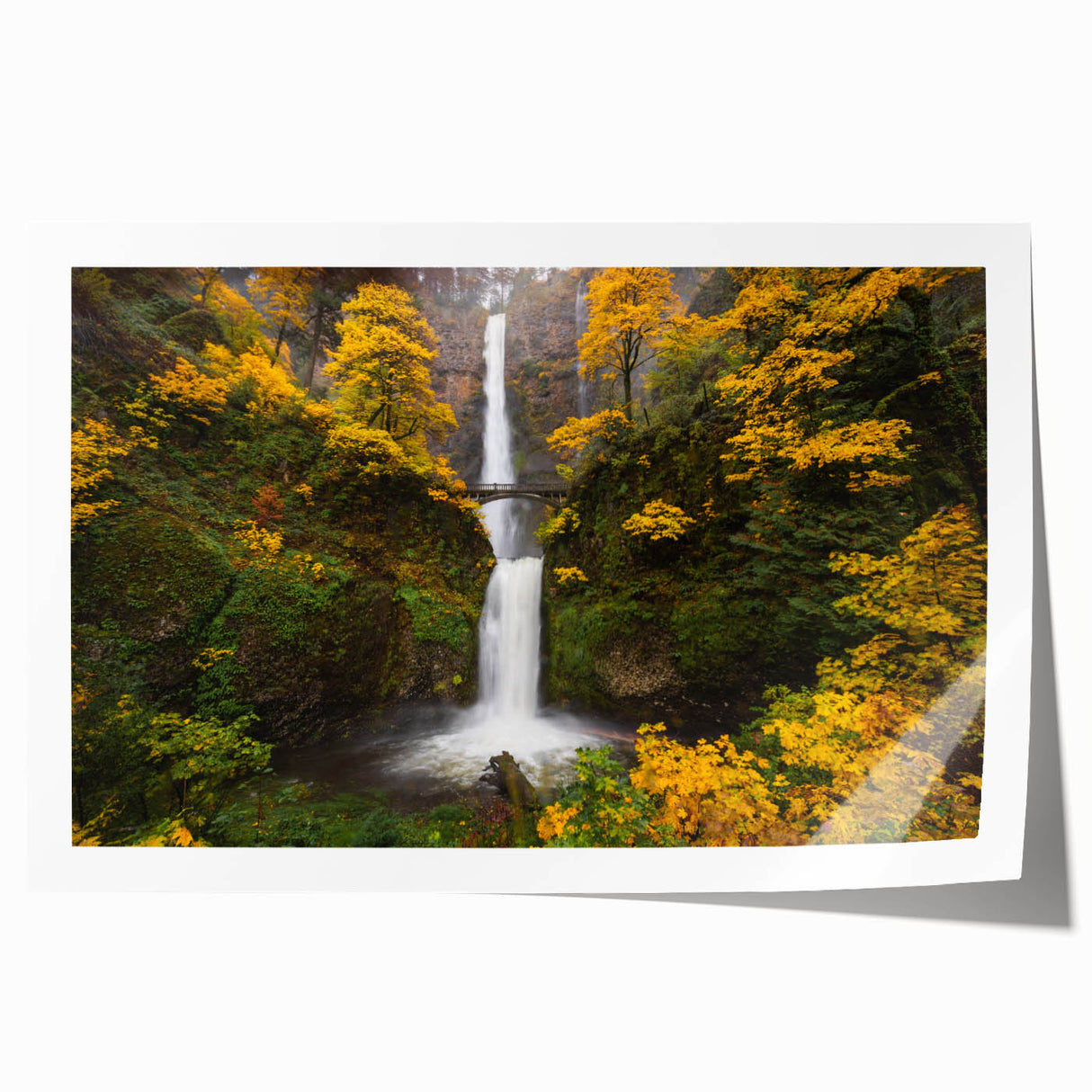 Multnomah Falls scenic print in soft green and blue tones on rolled canvas, ideal for dining room wall art.