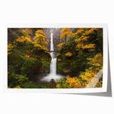 Multnomah Falls scenic print in soft green and blue tones on rolled canvas, ideal for dining room wall art.