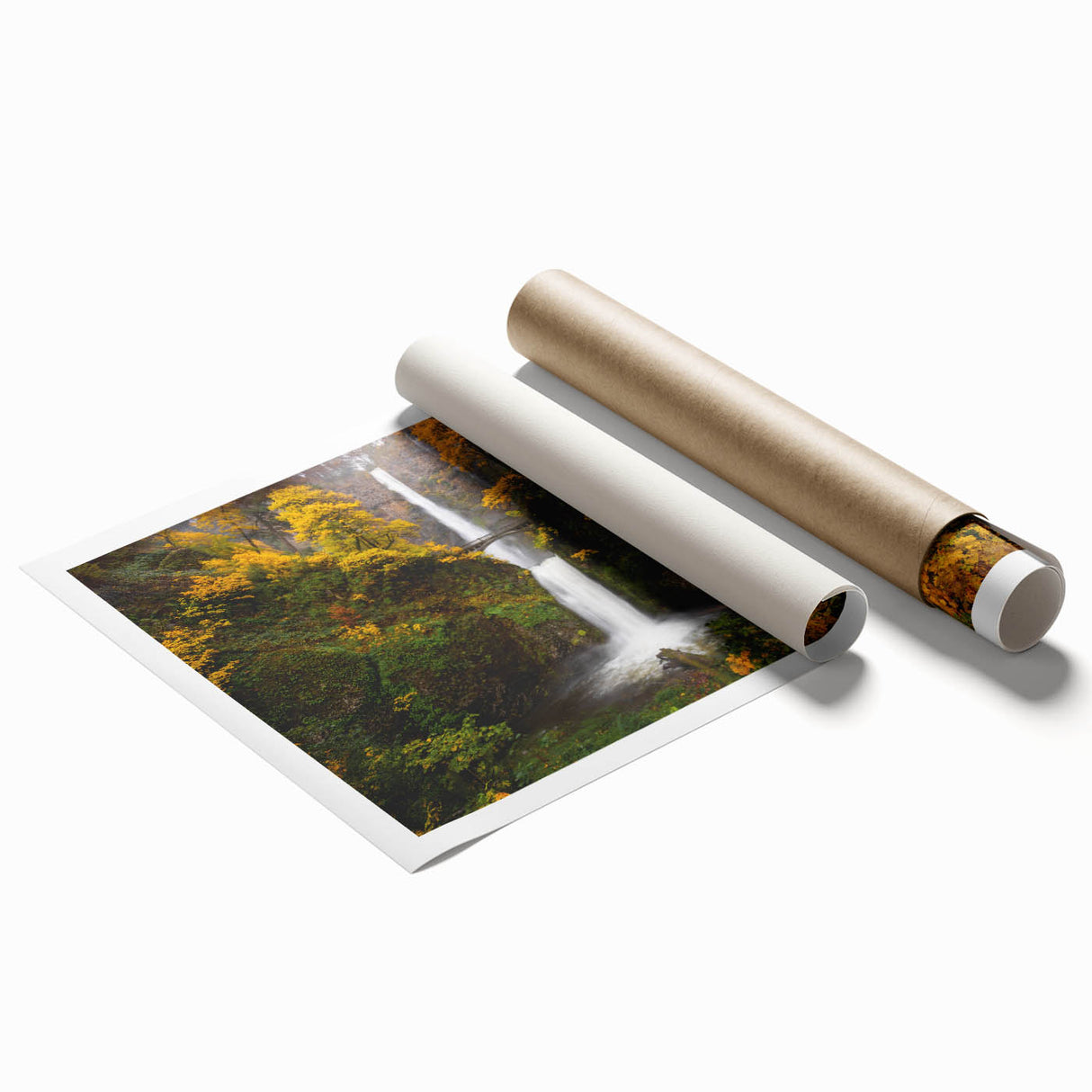 Extra large rolled print of Multnomah Falls with vibrant green and blue tones, ideal for classy bathroom wall art.
