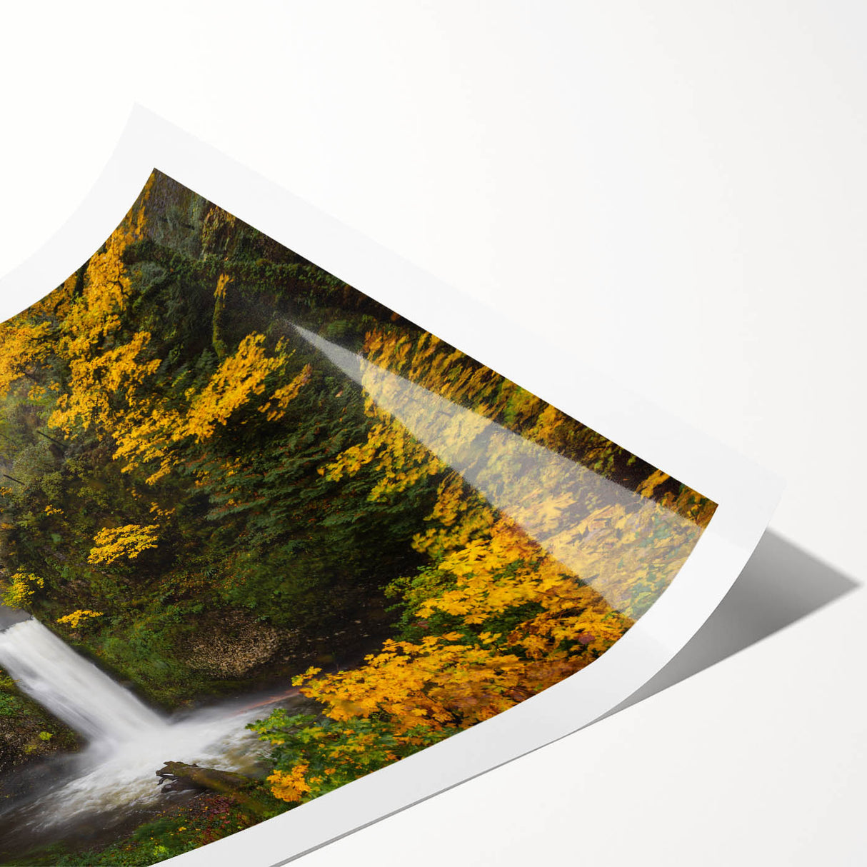 Extra large wall art of Multnomah Falls in Oregon, depicted in subtle green and blue tones on a rolled canvas.