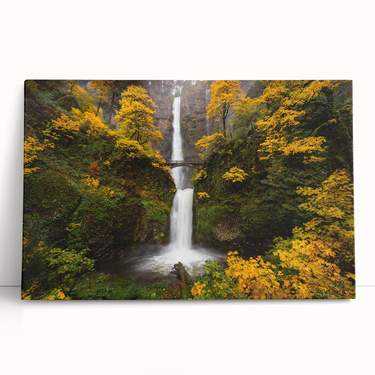 Black and white photo of Multnomah Falls on stretched canvas, ideal for kitchen wall art or bedroom.