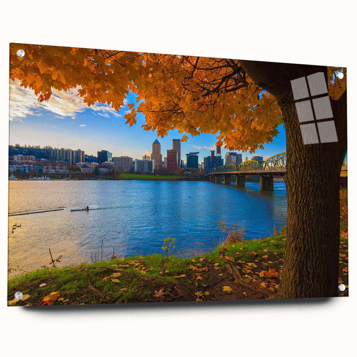 Acrylic print of a large abstract depiction of Portland, Oregon, in muted green and blue tones.