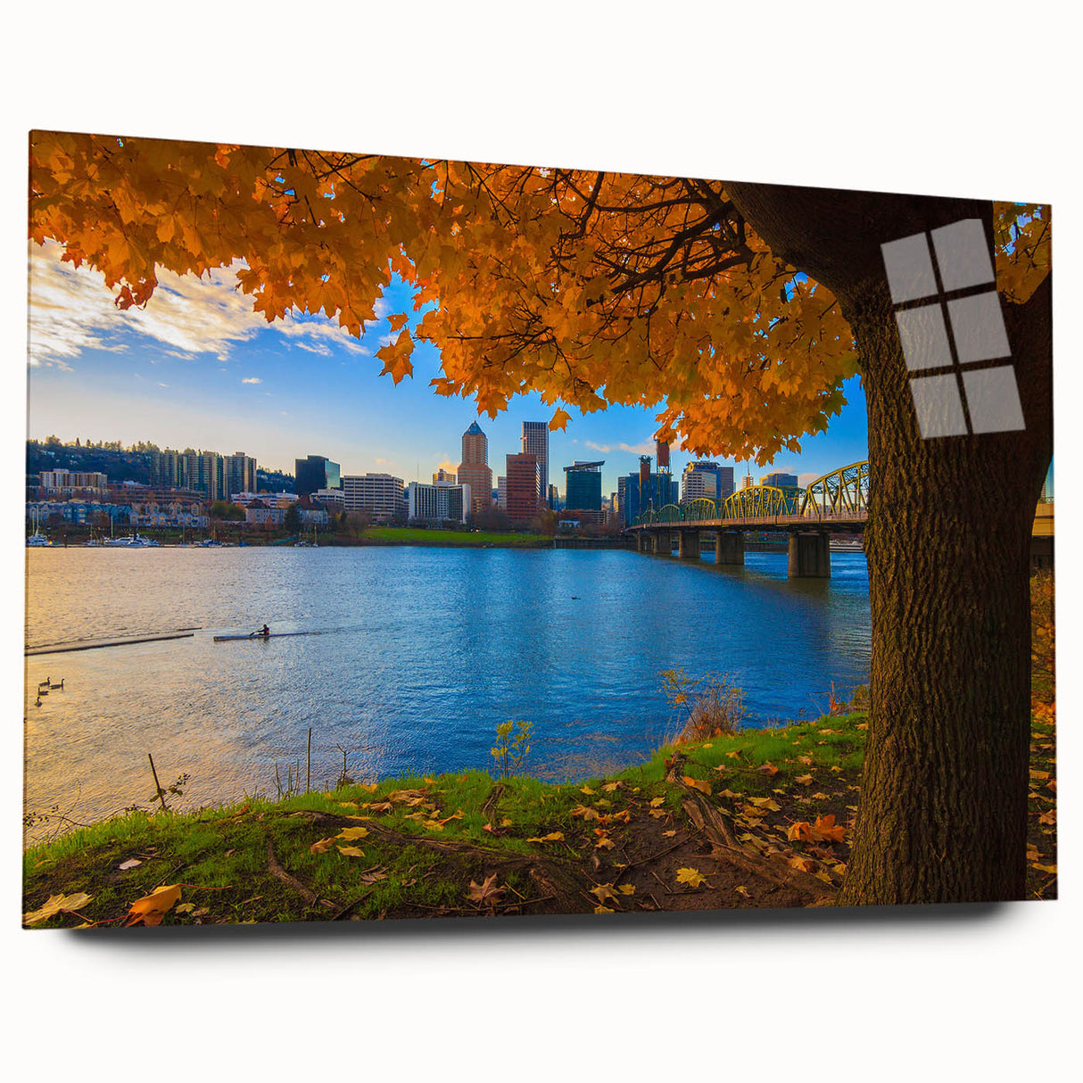 Large abstract wall art of Portland, Oregon skyline in muted gray tones on acrylic glass.