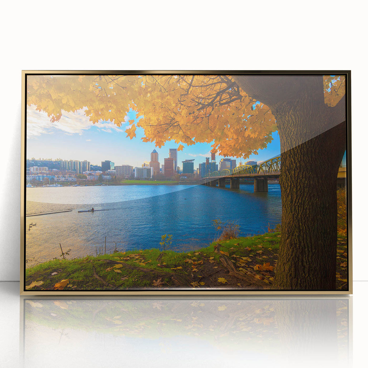 Large art print of Portland, Oregon skyline in gold and blue hues on framed acrylic, suitable for modern art wall decor.