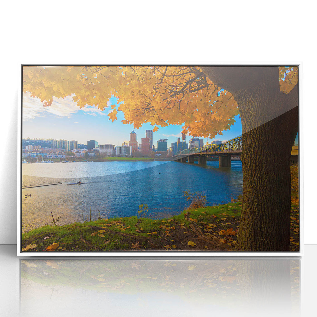 Acrylic print of Portland, Oregon skyline in art deco style with muted gray tones, ideal for modern nursery wall art.