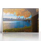 Acrylic print of Portland, Oregon skyline in art deco style with muted gray tones, ideal for modern nursery wall art.