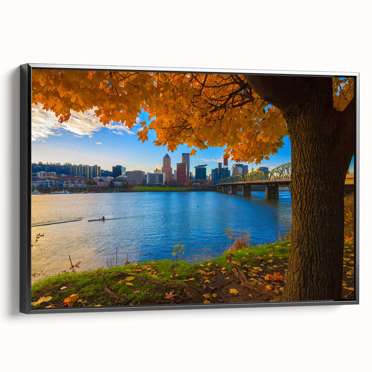 Black and white framed canvas of Portland, Oregon landscape, ideal for bedroom wall decor.