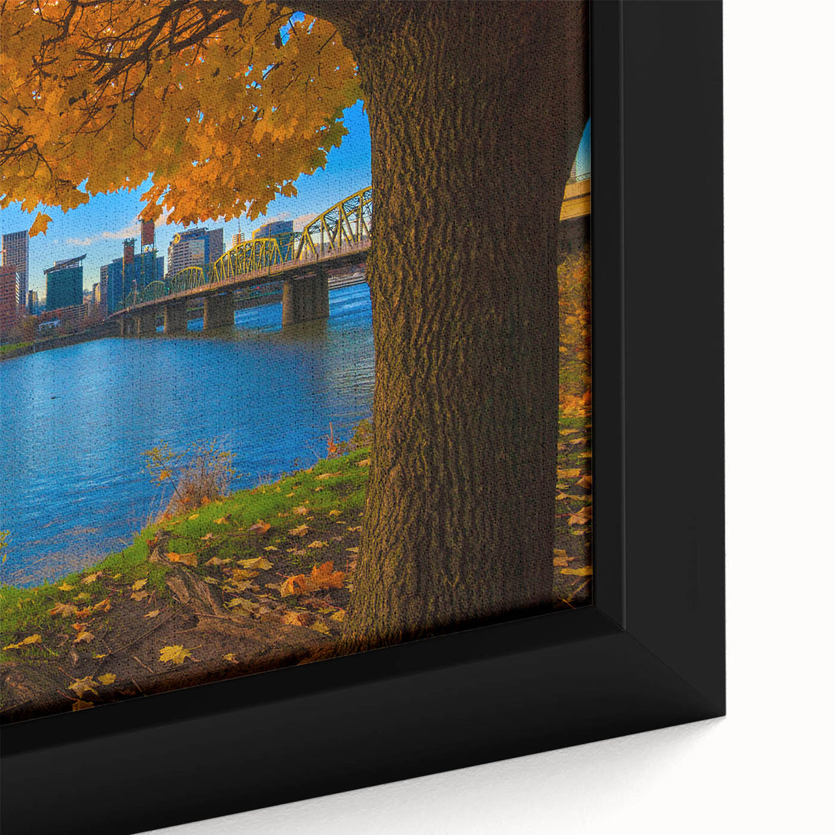 Framed canvas of a textured Portland, Oregon skyline in black with colorful accents, suitable for large living room walls.
