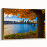 Framed canvas featuring a vintage-style landscape painting of Portland, Oregon, in black and gold tones.