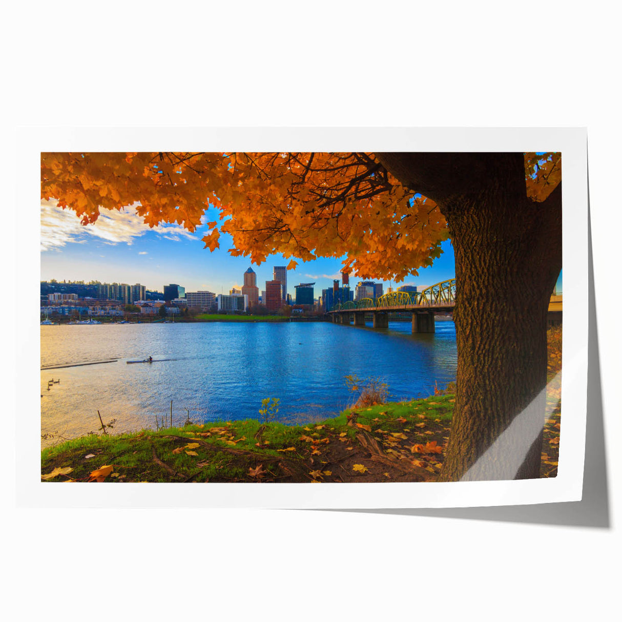 Extra large rolled print depicting Portland, Oregon scenery with floral elements in soft pastel colors.