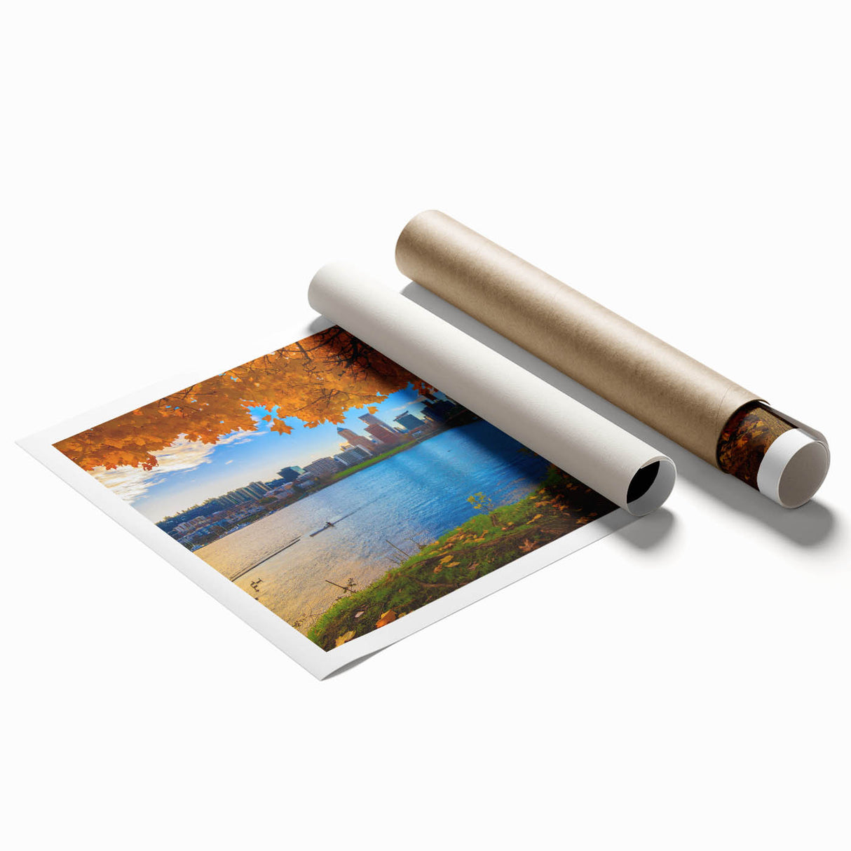 Extra large rolled print of Portland, Oregon scenery with muted floral tones, ideal for classy bathroom wall art.