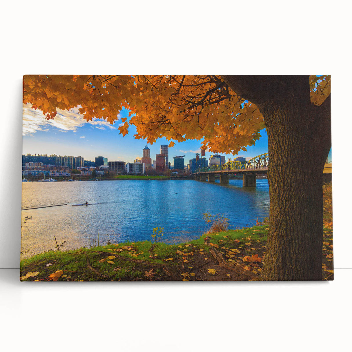 Black and white photo of Portland, Oregon skyline on stretched canvas, suitable as large kitchen wall art.