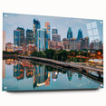 Acrylic print of Philadelphia skyline in muted blue and gray tones, suitable for bedroom or dining room decor.