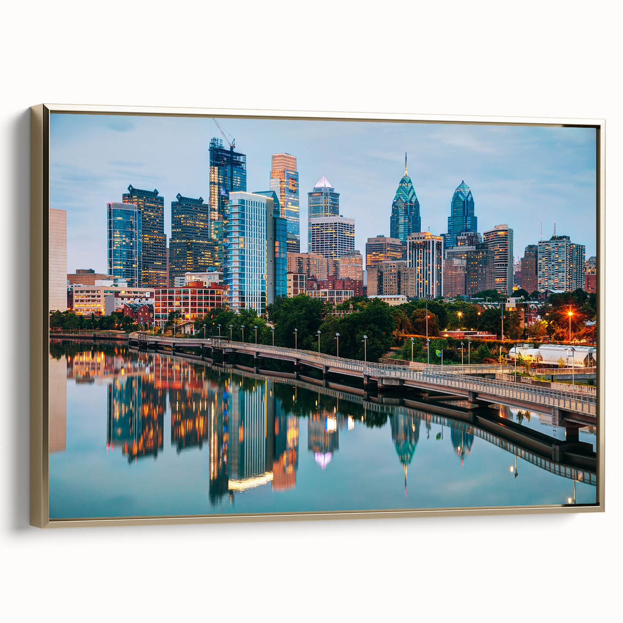 Framed canvas of a vintage-style Philadelphia landscape in muted gold and black tones, ideal for bedroom wall art.