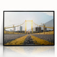 Large abstract wall art of Pittsburgh skyline in muted black and gray tones on a framed acrylic.