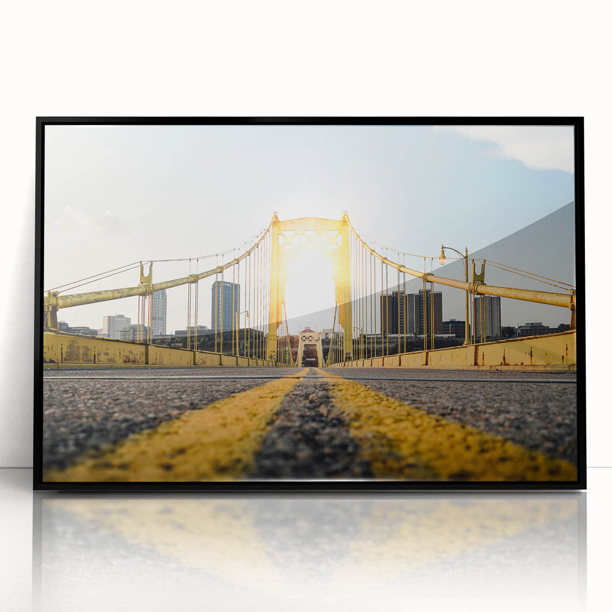 Large abstract wall art of Pittsburgh skyline in muted black and gray tones on a framed acrylic.