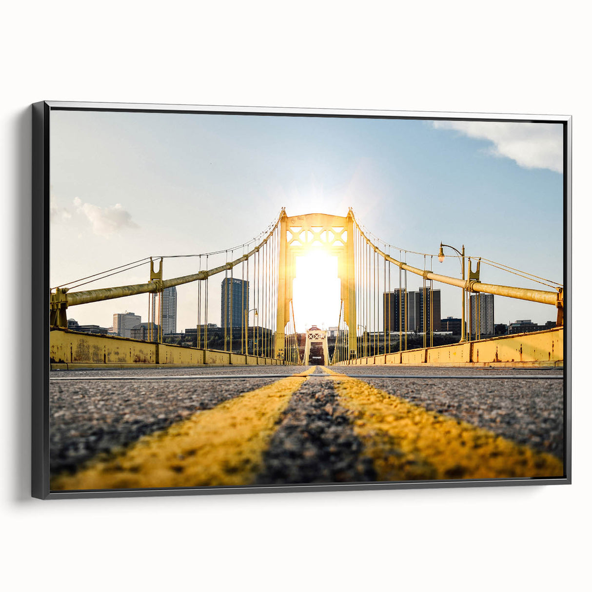Framed black and white wall art of Pittsburgh landscape, ideal for bedroom decor.
