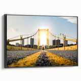 Framed black and white wall art of Pittsburgh landscape, ideal for bedroom decor.