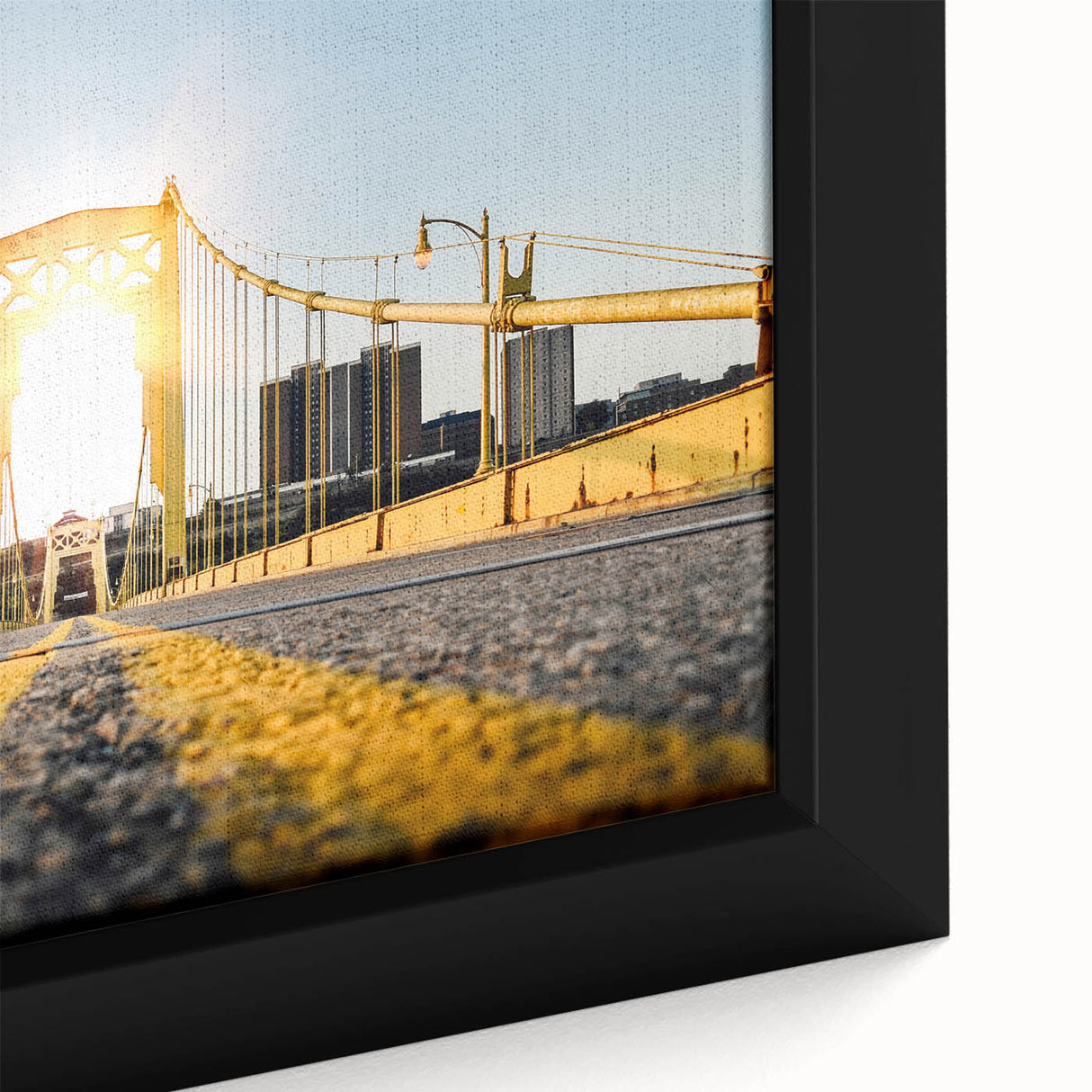 Close-up of textured black wall art depicting the Pittsburgh skyline with vibrant colors, framed canvas.